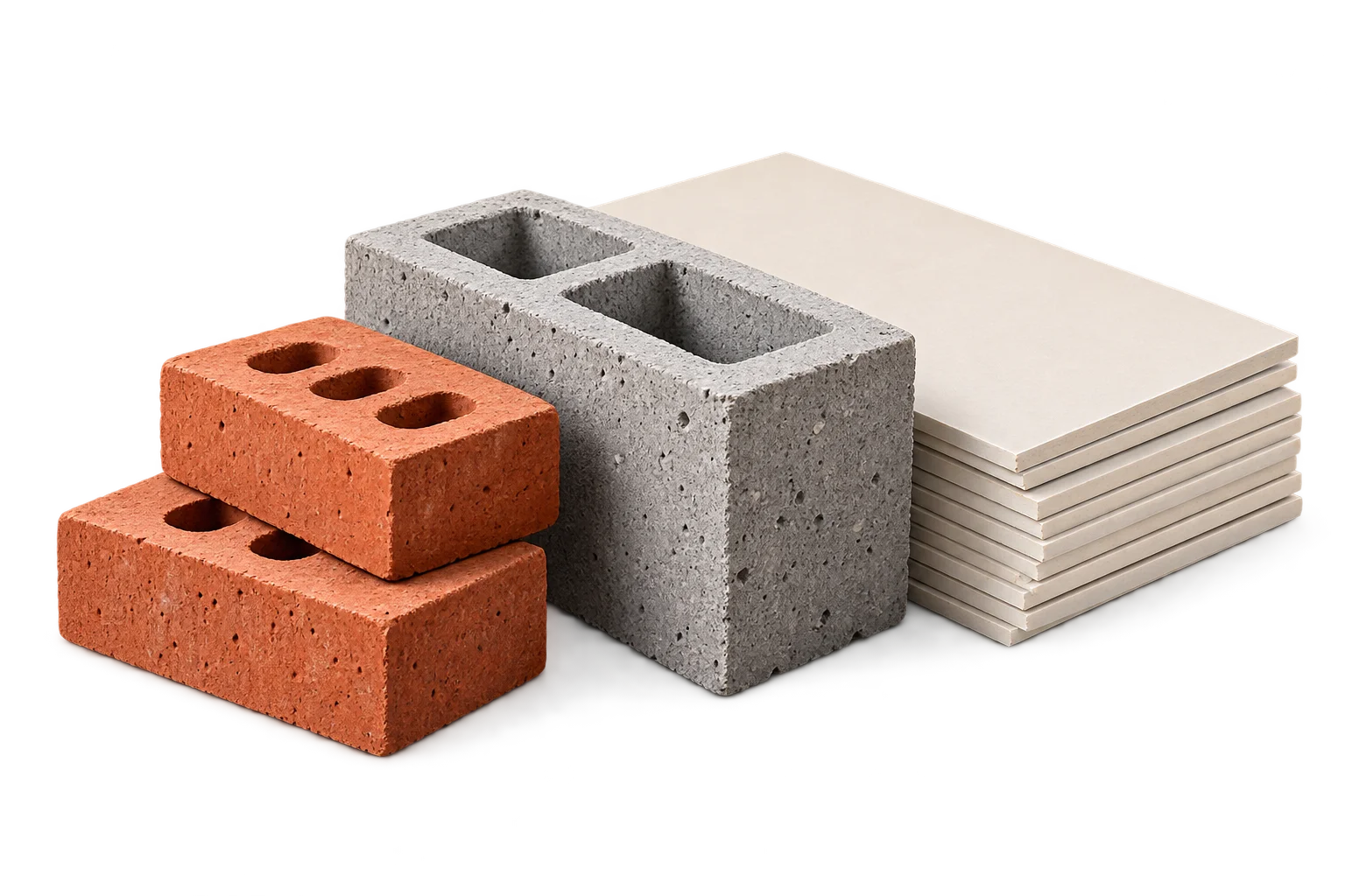 Bricks, a concrete block and drywall sheets