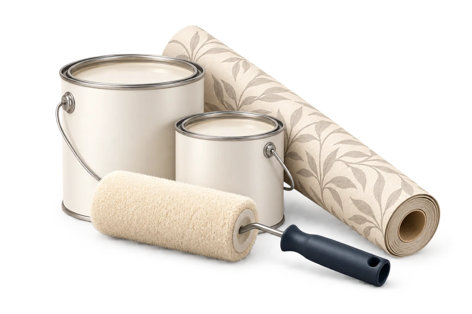 Paint tins, a roller and wallpaper