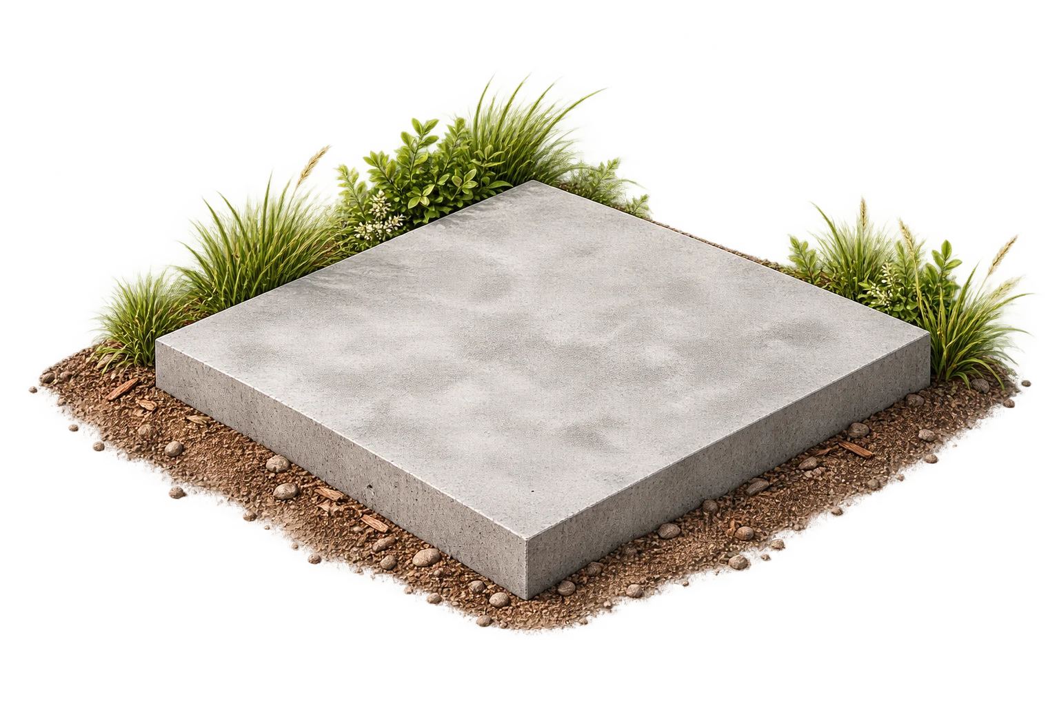 A concrete patio slab with a small planted border